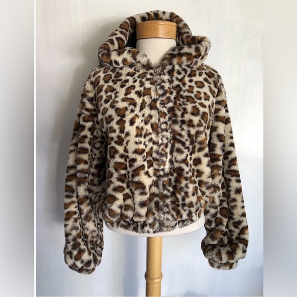 Leopard print faux fur Jacket Ham & Threads hoodie pull on size L - Picture 1 of 16